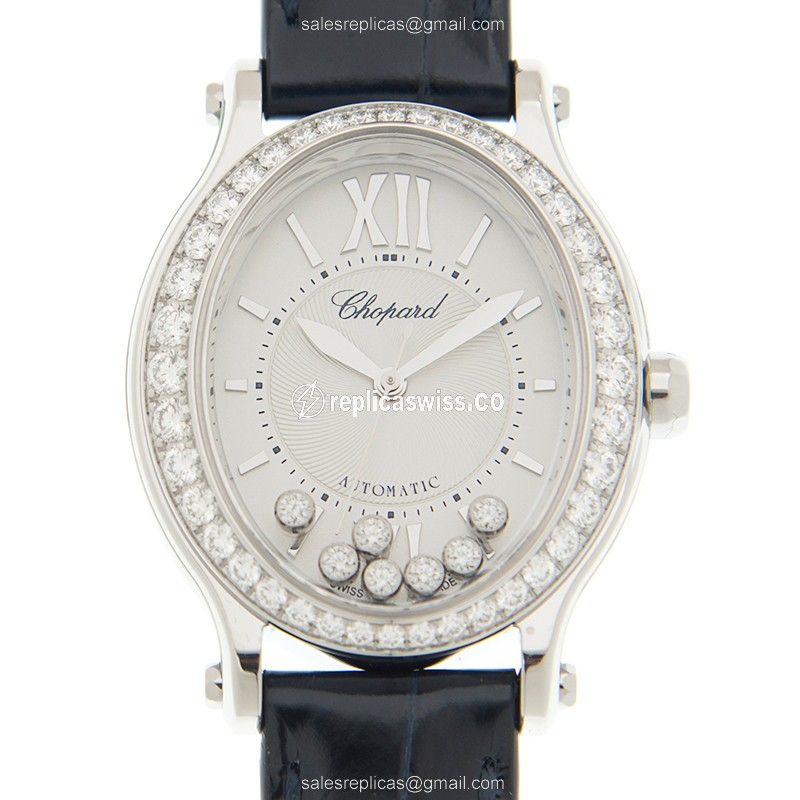 Chopard Happy Sport Replica - Automatic - White Dial - Diamond - Alligator Black - Luxury Replica HAPPY SPORT Watch